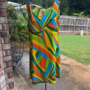 Vintage Psychedelic Stretchy orange Green Yellow Disco Dress Diamonds USA Dress